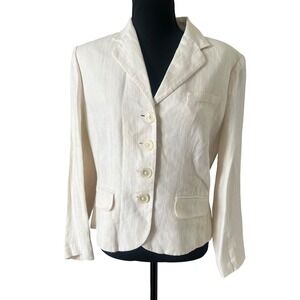 Lauren Ralph Lauren Women Cream Herringbone Pinstripe Linen Blend Blazer Jacket